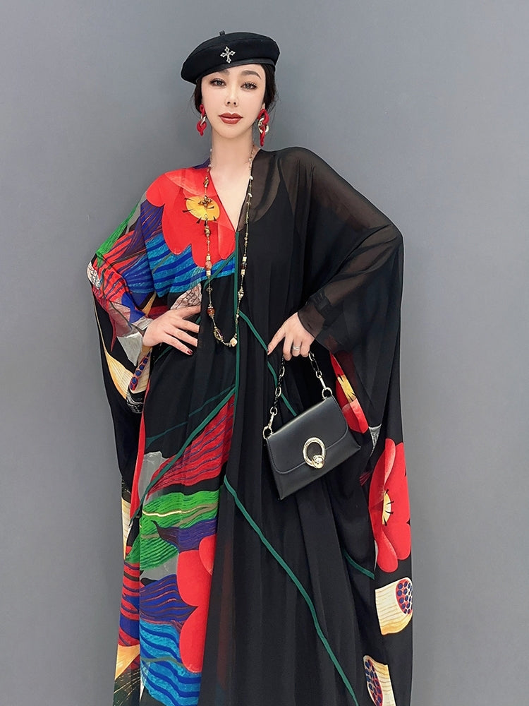 Vネック ワンピース 花柄 和風