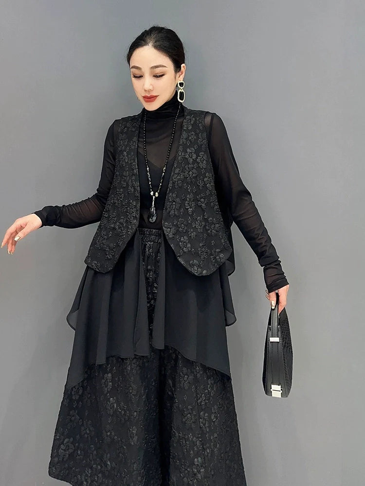 ノースリーブ ジャカードベスト&ワイドレッグ パンツ セットアップ