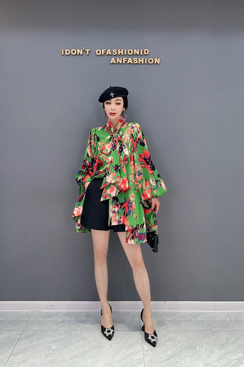 トップス バブルスリーブ 花柄 ビビッドカラー