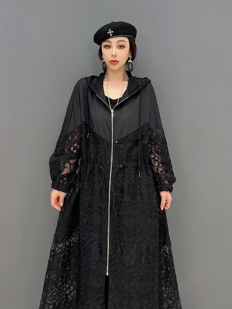 レース スプライシング ロングコート フード付き