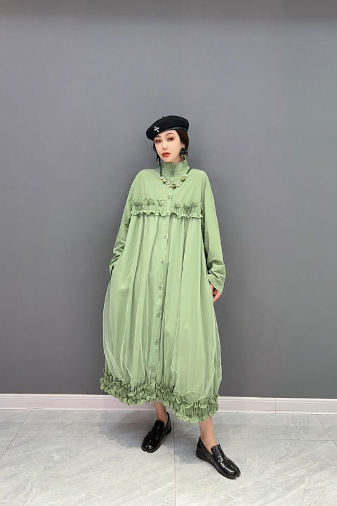 スタンドカラー チュール シャツワンピース ロング丈