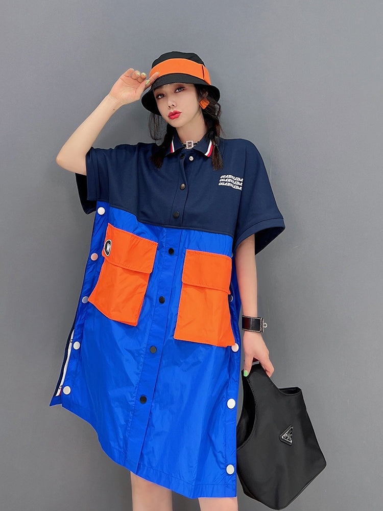 半袖 シャツワンピース スプライシング サイドボタン