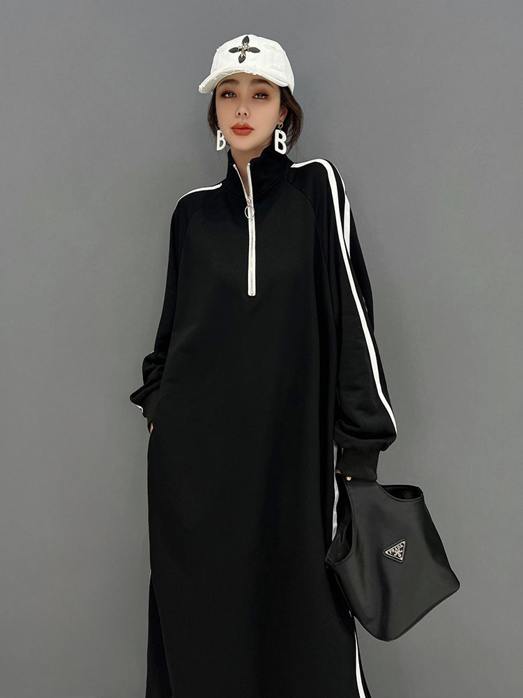 ジャージ風 ワンピース マキシ丈 リングジップ