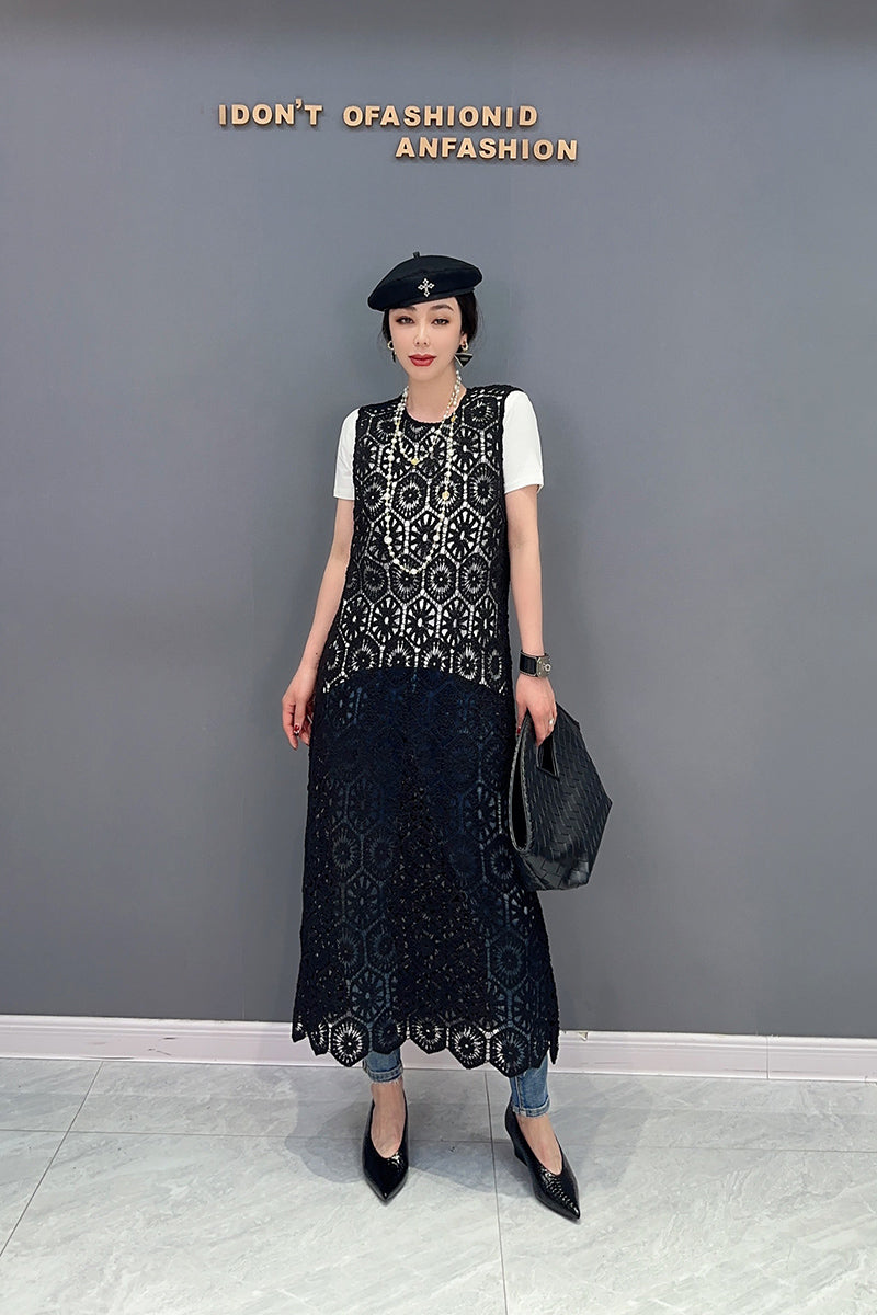 ワンピース ノースリーブ ハニカム柄