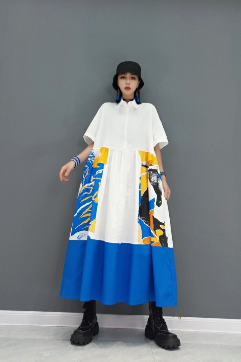 Jiangdan Monroe European Station 2022 Winter New Fashion Dreast 한국 버전의 짧은팔 셔츠 느슨한 접합 여성 LT0342