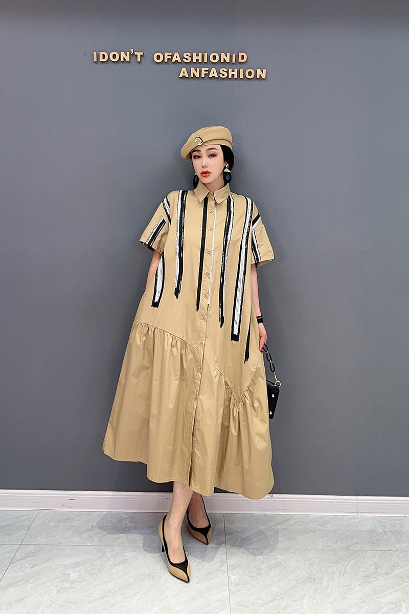 シャツワンピース 半袖 ボーダー ロング丈