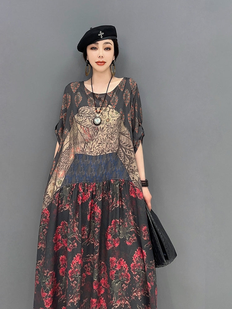 五分丈 ロング ワンピース 総柄