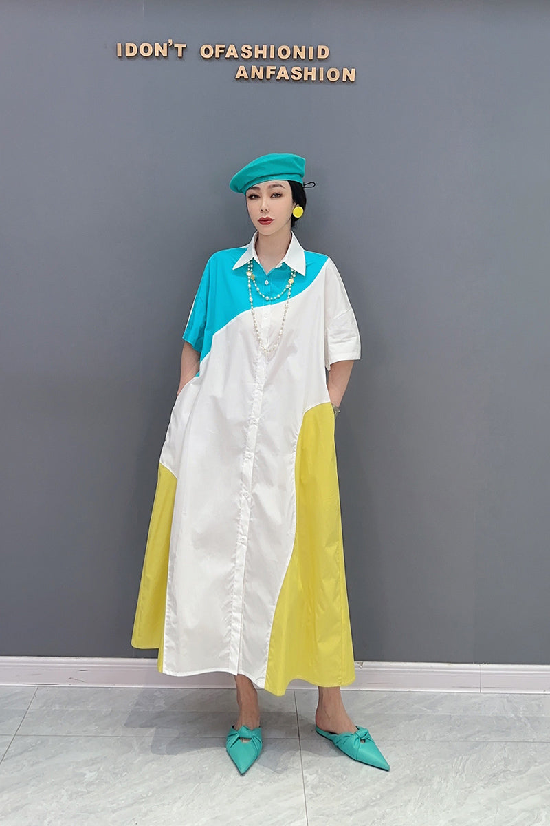 シャツワンピース 五分袖 パステルカラー