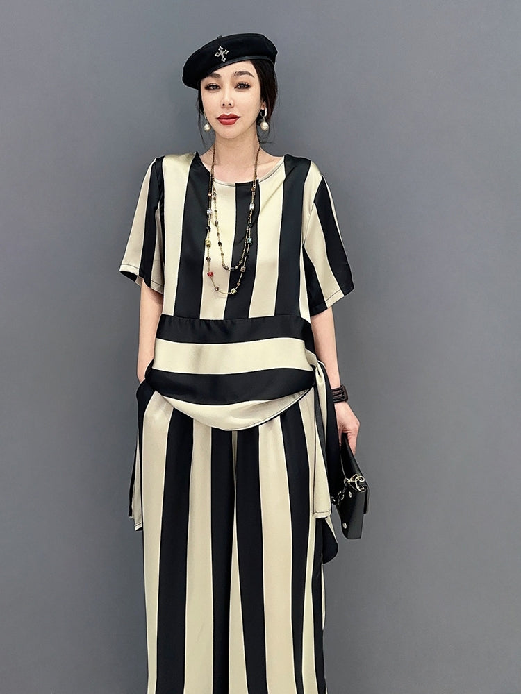 ツーピース ストライプ 五分袖 ボートネック