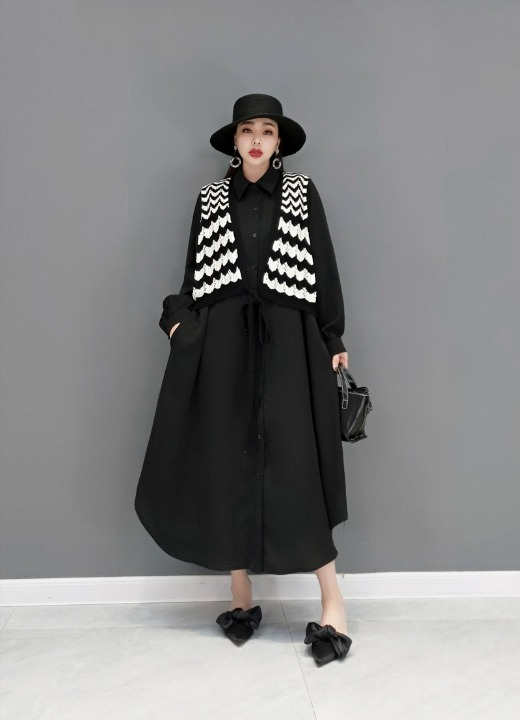 Jiang Dan Monroe European Station 2022 Winter New Fashion Dress 스트라이프 스웨터 조끼 셔츠 느슨한 얇은 LT0332