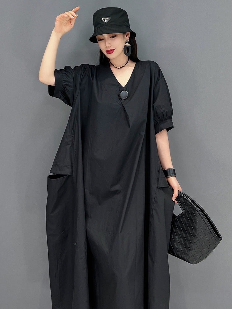 Vネック 5分袖 シャツワンピース ロング丈