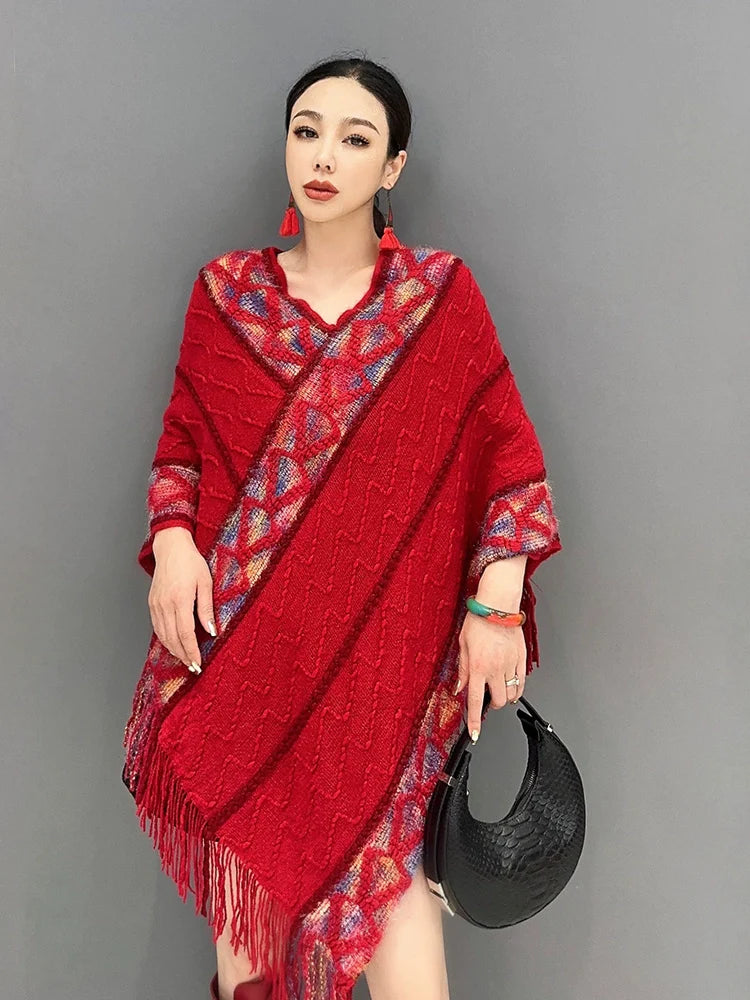 レトロエスニック風 ニットショール ケープ チュニックワンピース