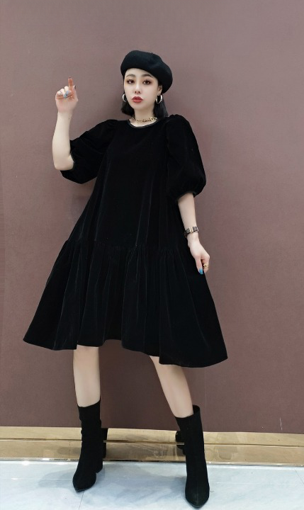 5分袖 ベロア ワンピース Aライン