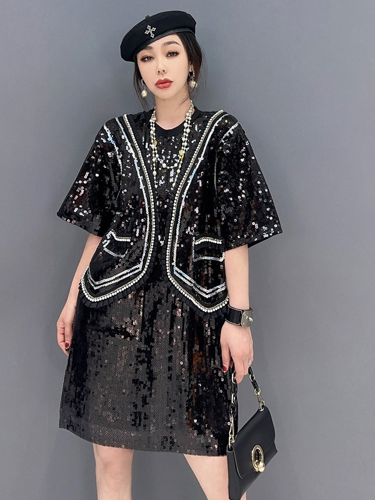 ワンピース 五分袖 スパンコール ゴシック