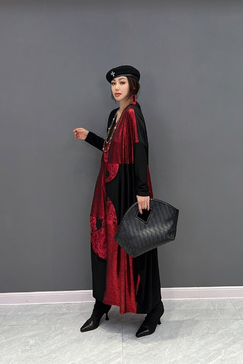 Vネック ワンピース スプライシング ロング丈