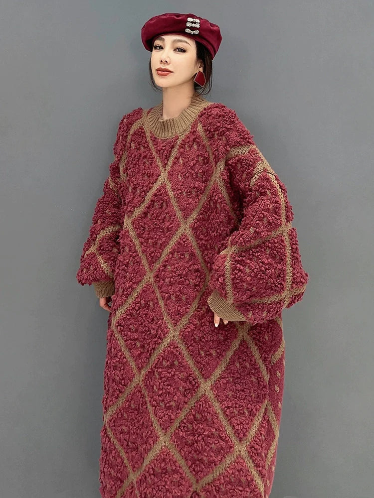 カジュアル ニット ルーズ ダイヤモンド柄ワンピース