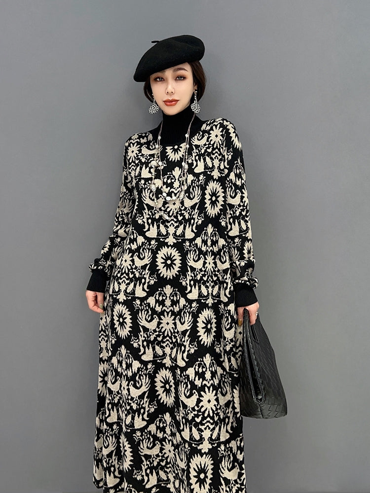 Jiangdan Monroe European Station 2022 Winter New Korean Fashion Trend Spelling Color High Collar Knitted Dresses for Women LT0354