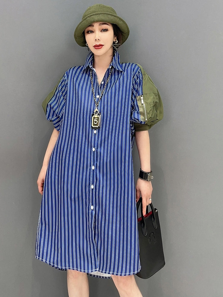 ワンピース パフスリーブ シャツワンピ ストライプ