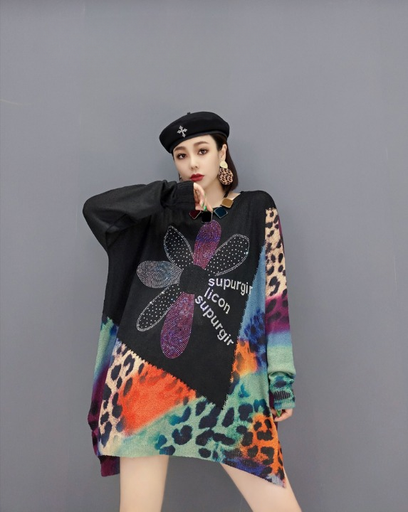 JIANG DAN MONROE EUROPEAN STATION 2022 WINTER NEW WOOL KNIT SWEATER FASHION LEOPARD PRINT SWEATER LOOSE DRESS WOMEN LT0367