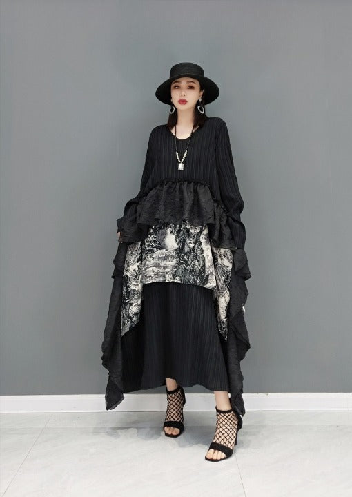 Vネック ワンピース ティアード ロング丈