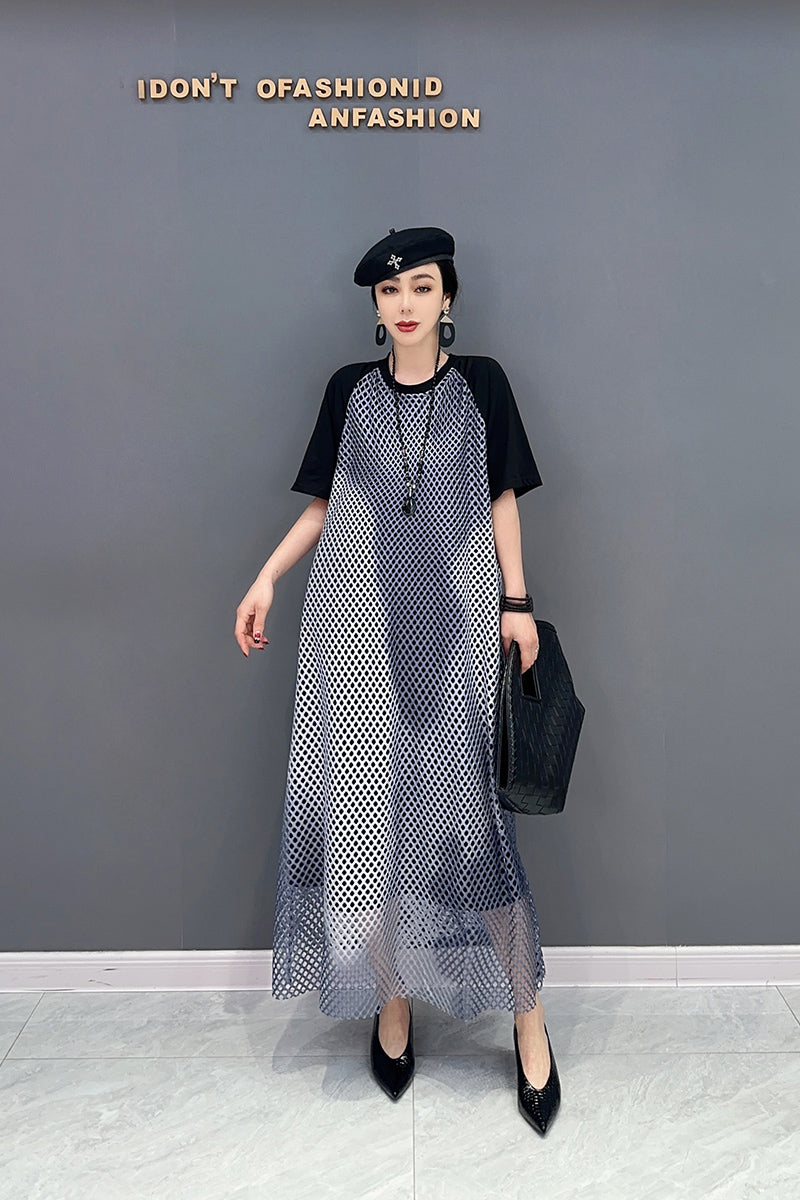 ワンピース 半袖 ロング丈 ドット柄