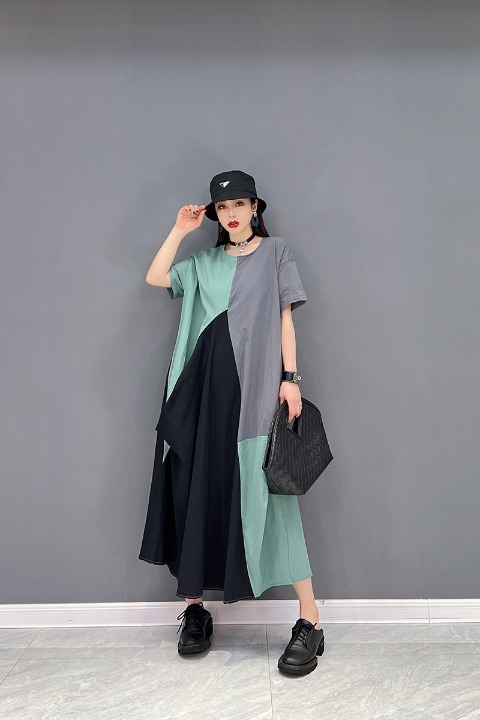 半袖 アシンメトリー スプライシング ワンピース