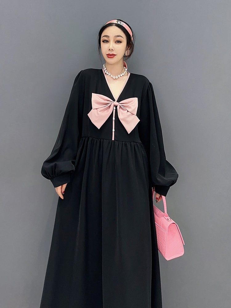 ワンピース パフスリーブ Vネック リボン