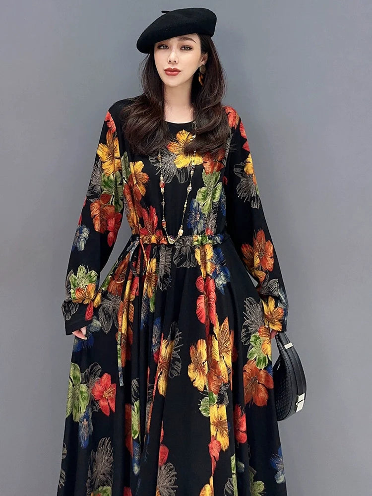 カジュアル ラウンドネック 花柄ドレス