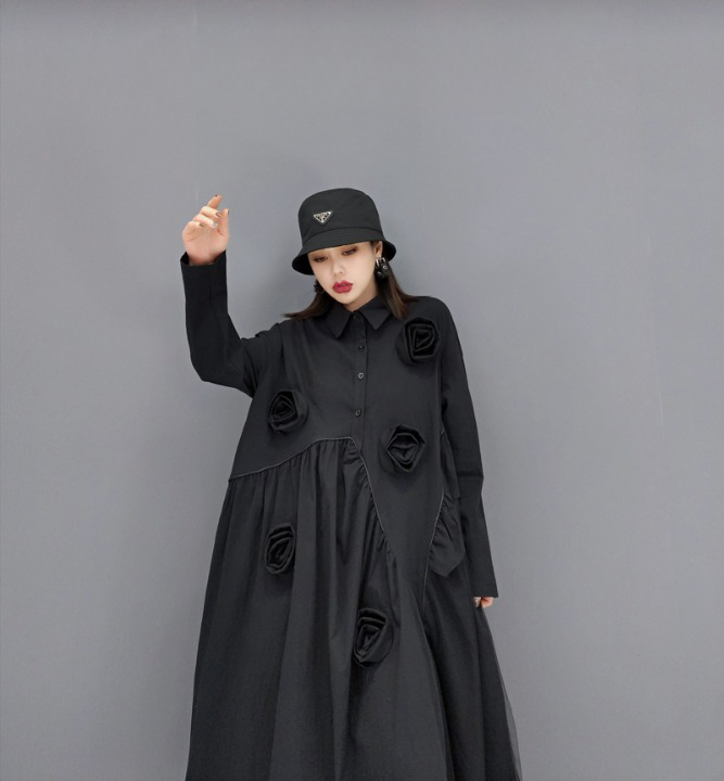 フラワーモチーフ シャツワンピース アシンメトリー ロング丈