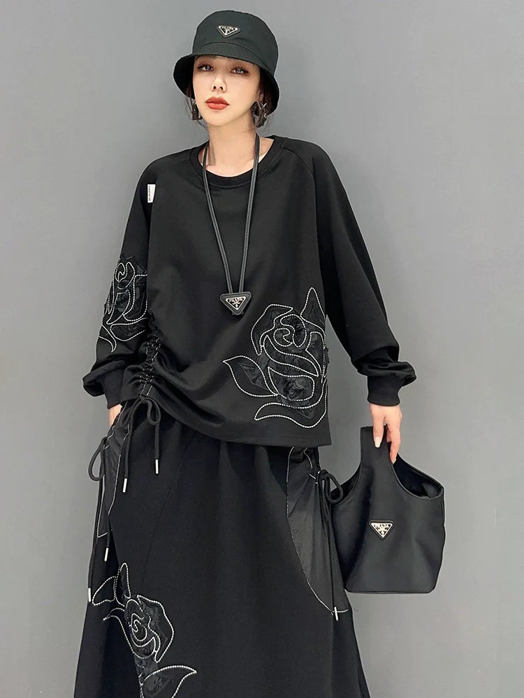 カジュアル 長袖 バラ柄 プルオーバー トップス&スカート ツーピース セット