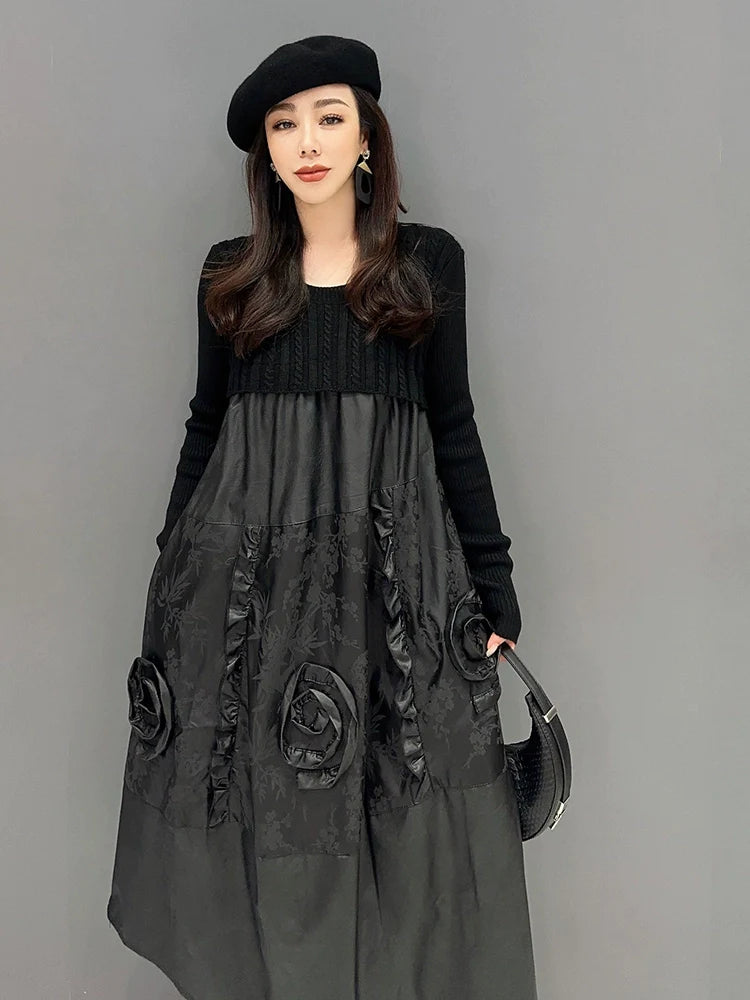 カジュアル ニット&PUレザー 異素材 フラワー ミドル丈ワンピース