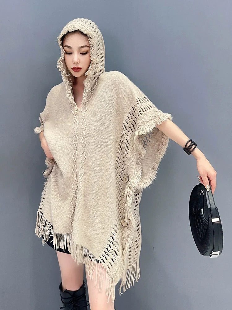 フード付き フリンジケープ 薄手ニット チュニックワンピース
