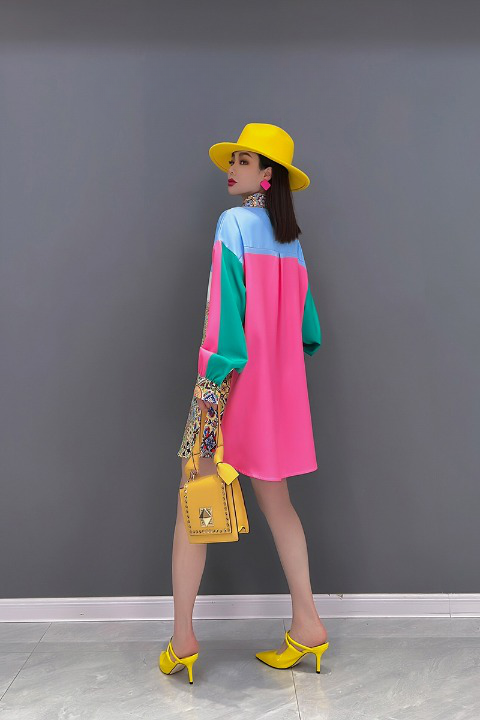 花柄 バイカラー シャツ ラウンドヘム