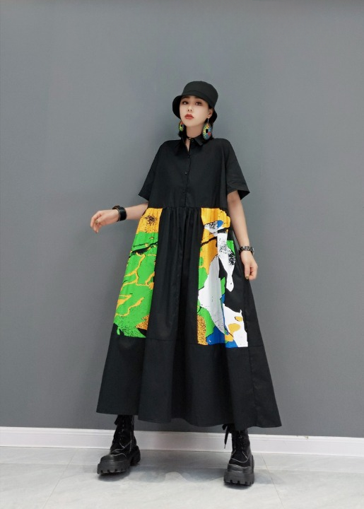 半袖 シャツワンピース ロング丈 ハーフボタン