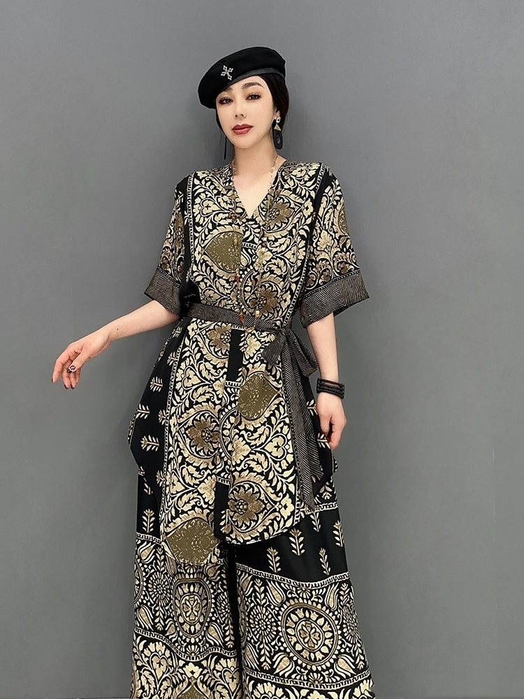 セットアップ 総柄 五分丈 ワイドパンツ