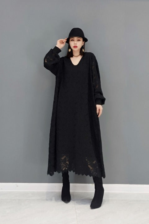 Vネック レース ワンピース ロング丈