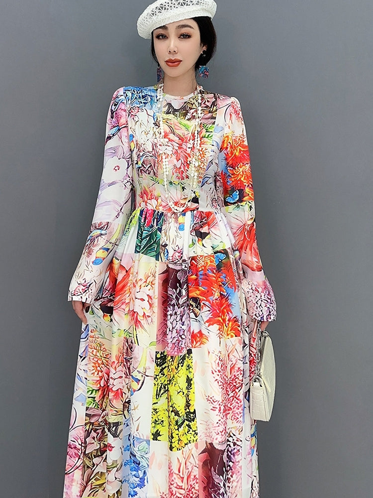 花柄 ウエストギャザー ワンピース マキシ丈