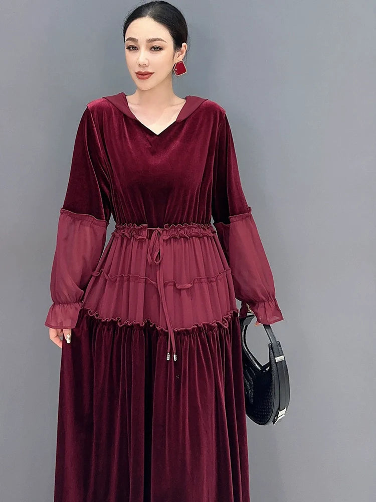 フード付き ベルベット ワンピース