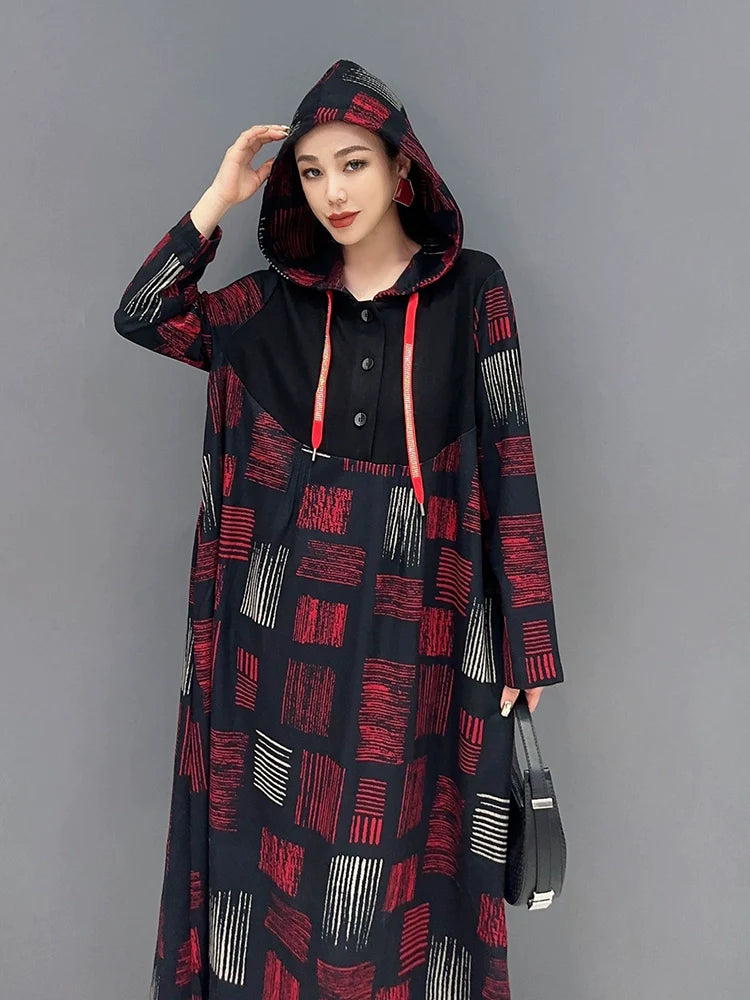 フード付き  モダンプリント柄 長袖 ゆったりワンピース