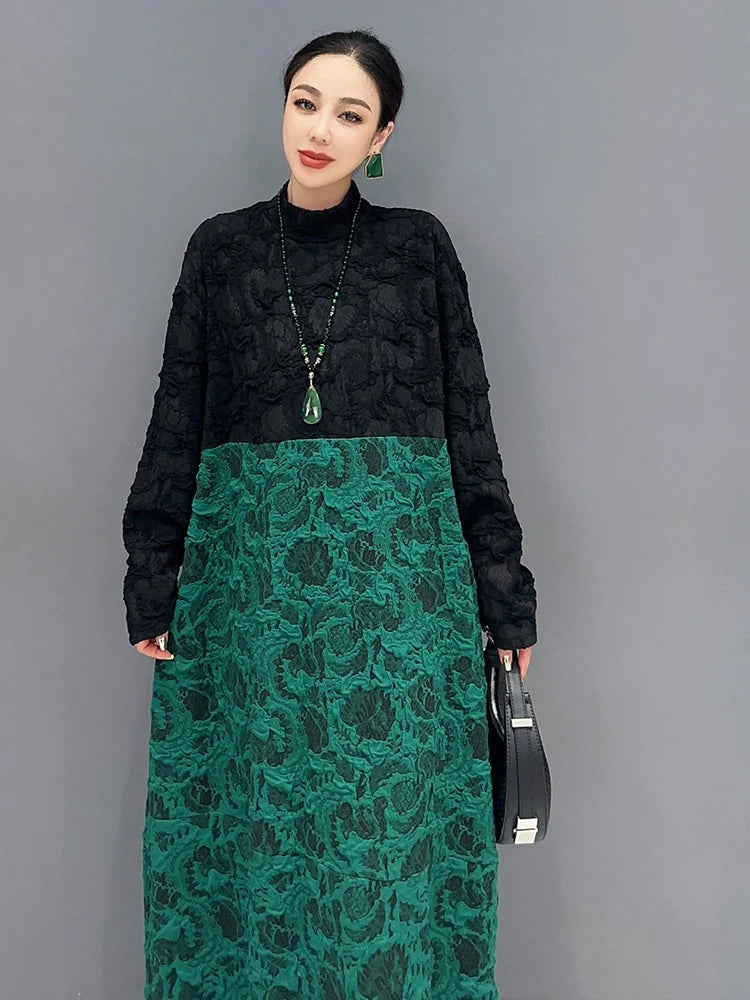 カジュアル ゆったりスタンドカラー&Aラインワンピース