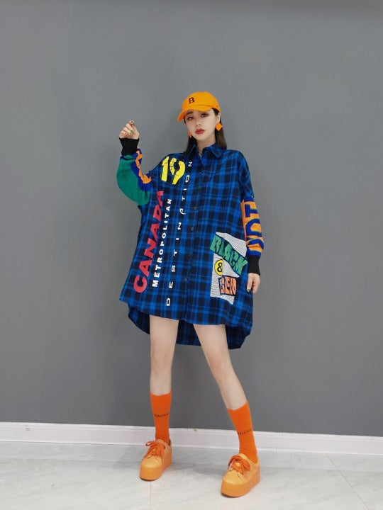 チェック柄 シャツワンピース 英字ロゴ ロングテール