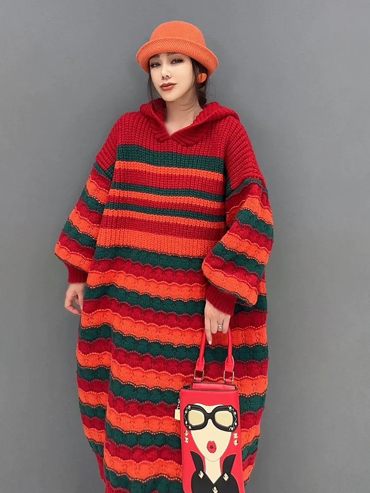カジュアルフード付き コントラストカラー ストライプ柄 ニット ルーズワンピース
