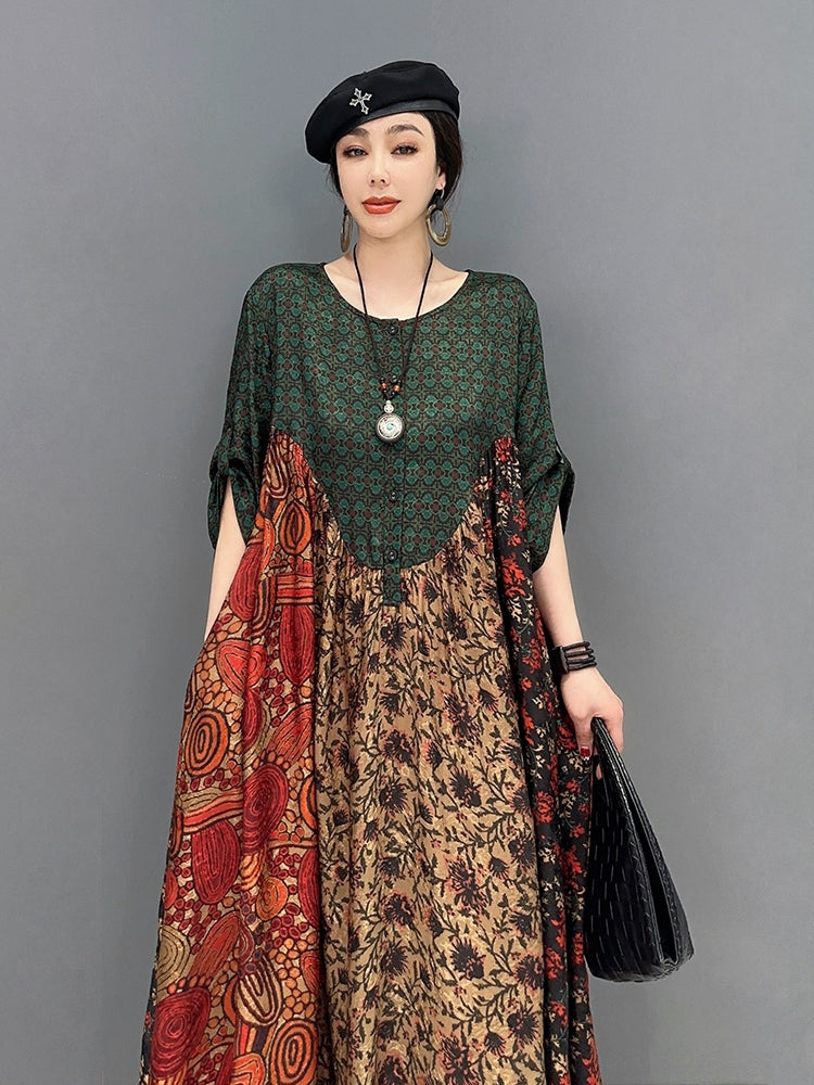 花柄 丸首 五分丈 ワンピース