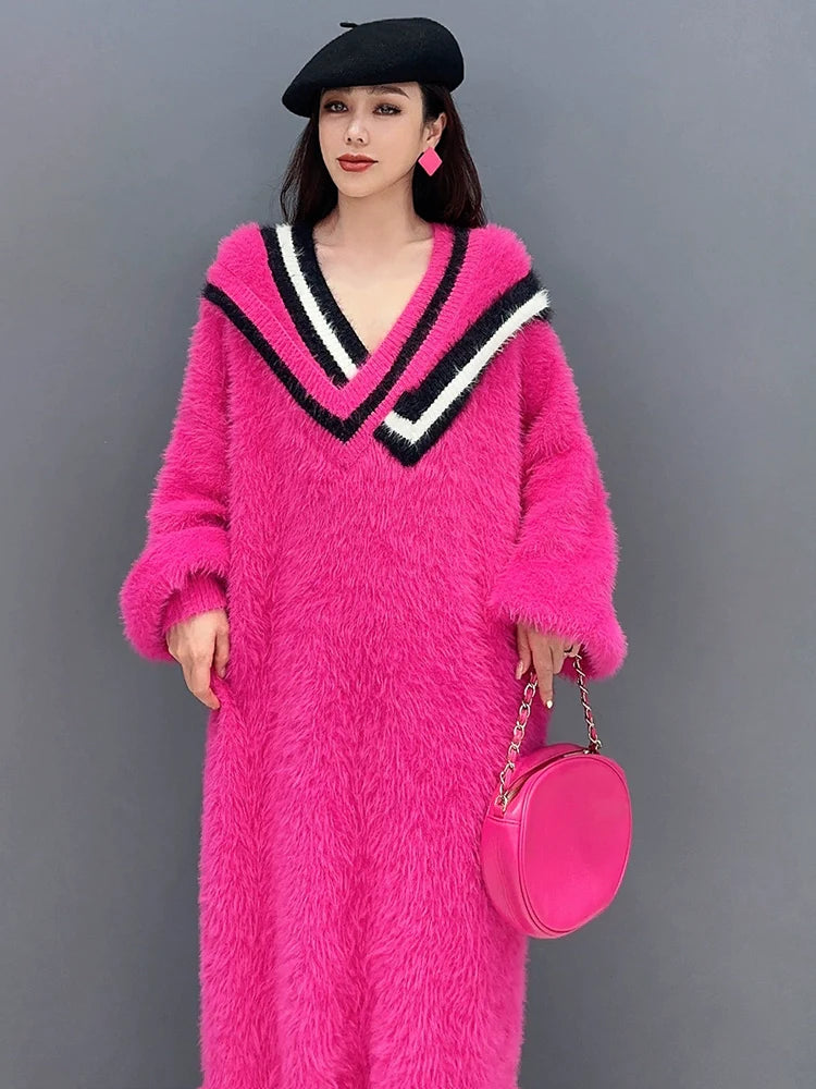 カジュアル Vネック ミンクフリース ゆったりシルエット ワンピース