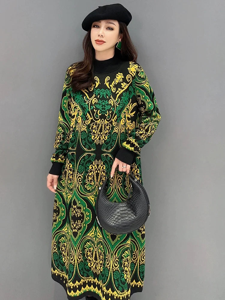 シック&エレガント オリエンタル柄 ニット レトロワンピース