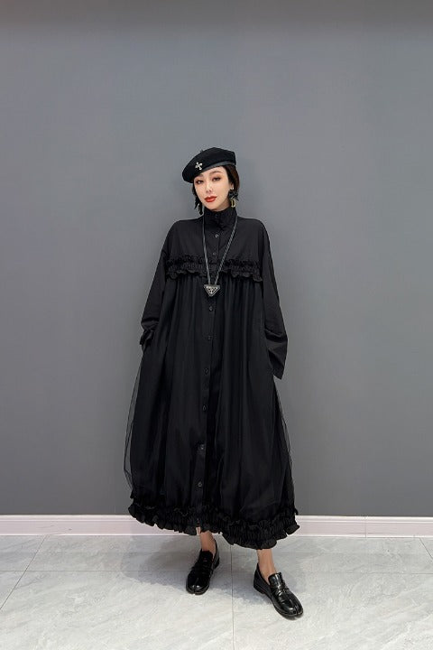 Stand collar tulle shirt dress, long length