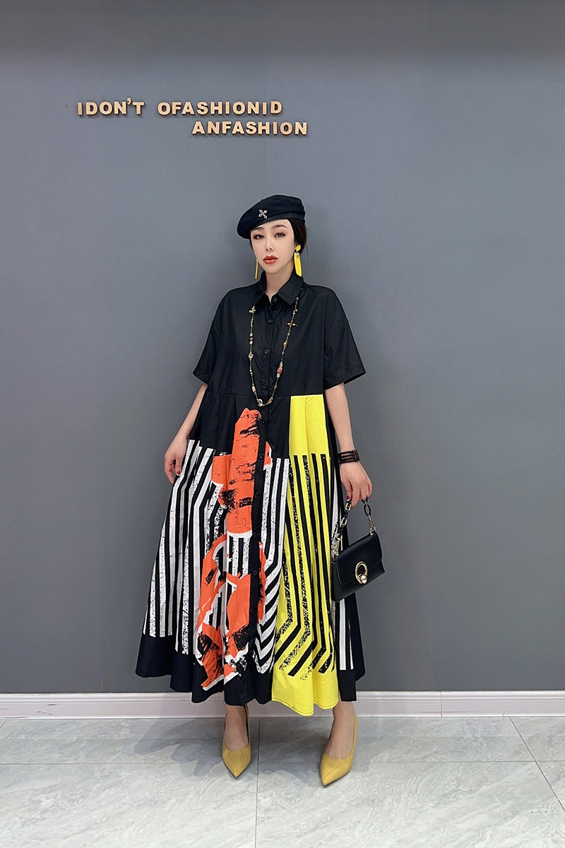 シャツワンピース 半袖 ロング丈 ボーダー柄