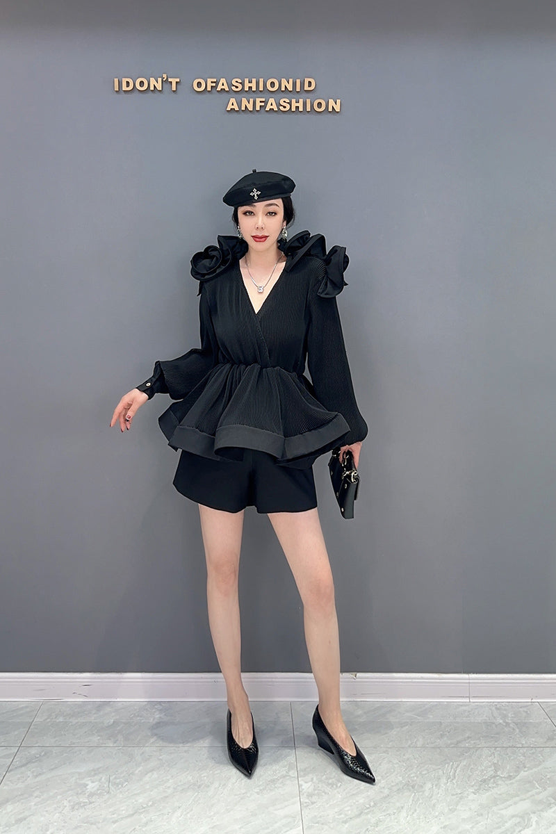 ブラウス プリーツ Vネック 原色