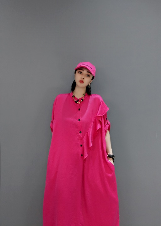 フリル シャツワンピース ハーフボタン ロールアップスリーブ