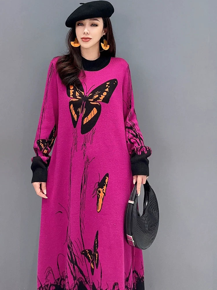 バタフライ柄 ニット ワンピース